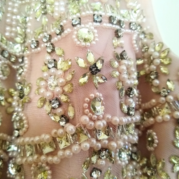 Heavily Beaded Pink & Silver Illusion High Neck, Backless, A-line Formal Gown - Picture 4 of 7